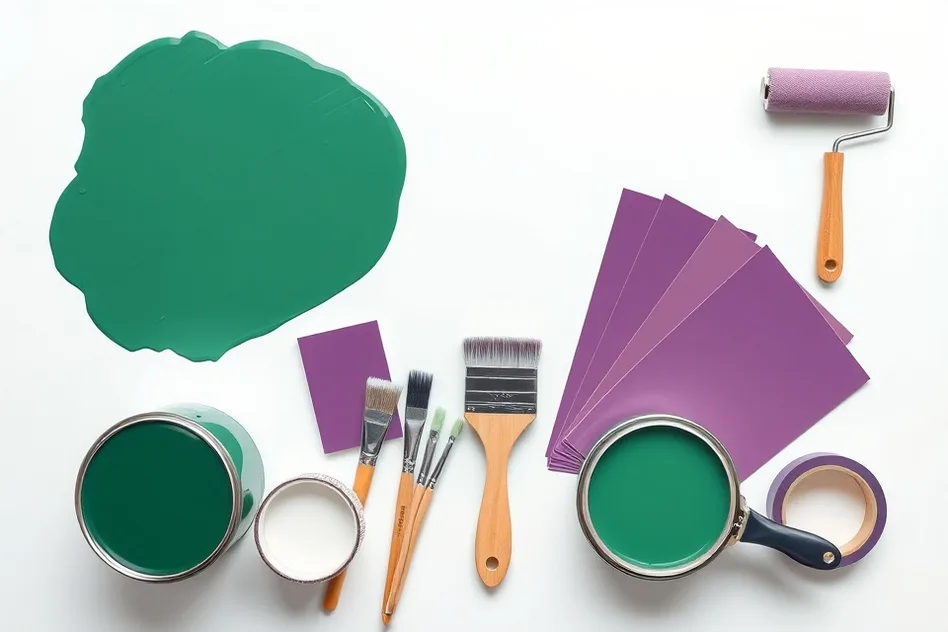 Pots de peinture, nuancier, brosses et rouleaux disposés à plat