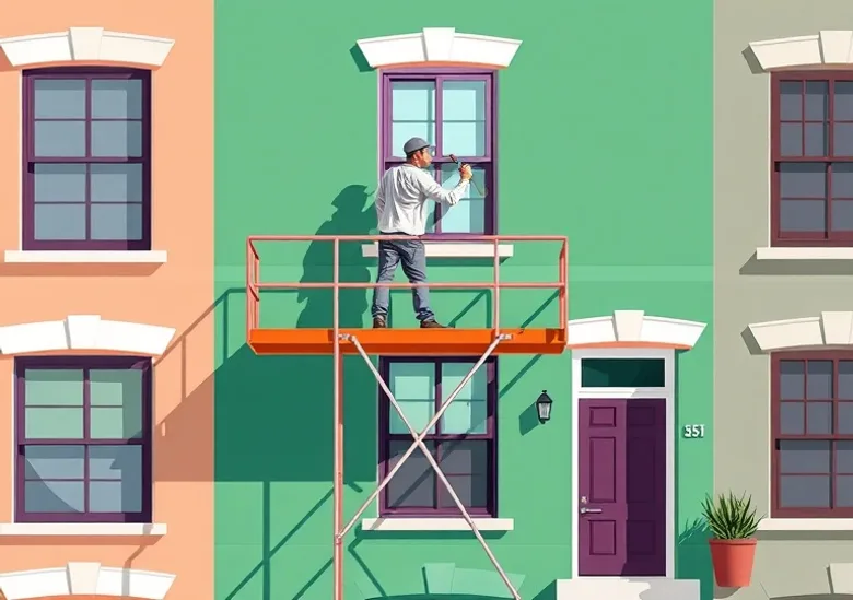 Peintre sur échafaudage traitant la façade d'une maison